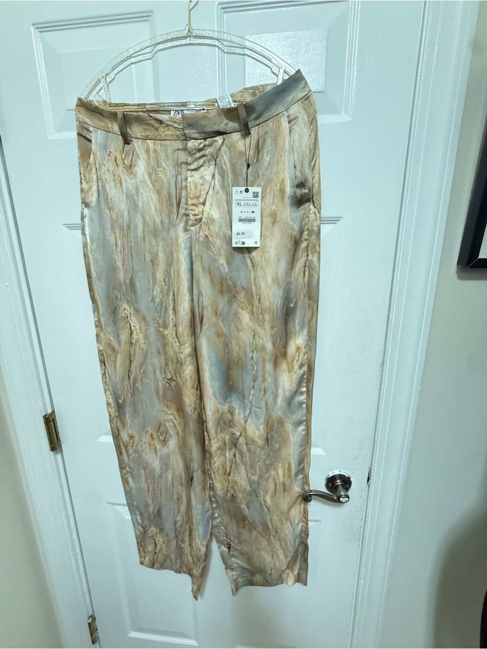 Zara silky Marble-Print Satin Pants - Tan & Gray nrs with tag original price $89